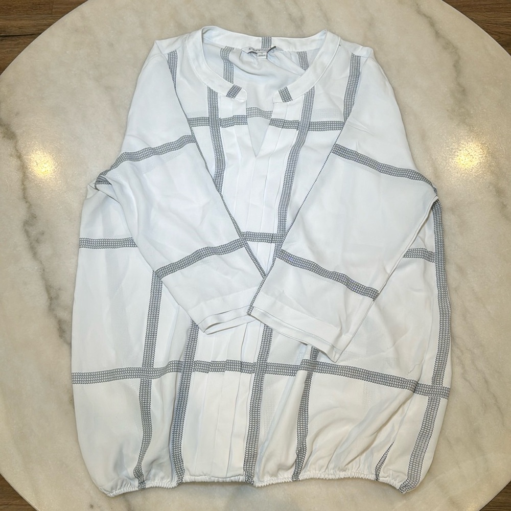 41 Hawthorn Womens 3/4 Sleeve Striped Blouse Top Sz M Black White V-Neck Career